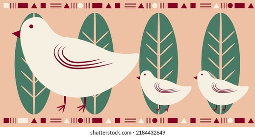 Cute illustration of three birds and wild nature, and folk ornaments. Folk style drawing for postcards, banners, posters.