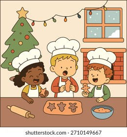 Ilustração bonita de três crianças assando biscoitos de Natal em uma cozinha acolhedora. As crianças usam chapéus e aventais de chef enquanto moldam biscoitos em formas festivas, como estrelas, homens de gengibre.