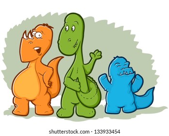 Cute illustration of three colorful dinosaur monsters