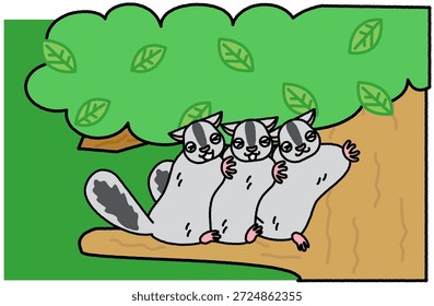 Uma bela ilustração de três esquilos voadores agarrados um ao outro lado a lado em uma árvore.