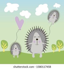 Cute illustration with three hedgehogs on a blue background. 
Picture for children.