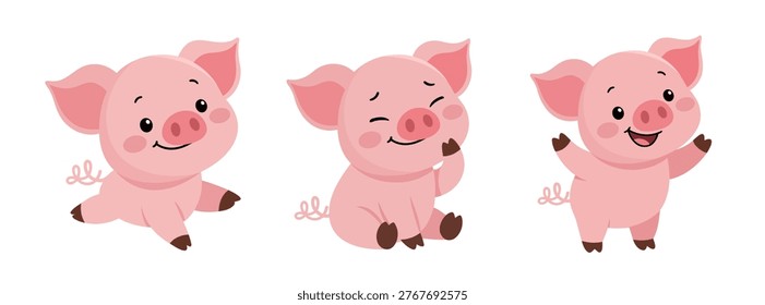 Cute illustration of three little farm pigs. Playful, fun, and adorable illustration. Happy Little Pigs