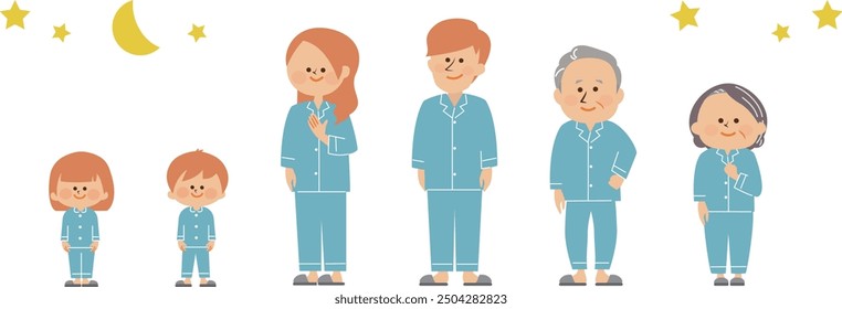 A cute illustration of a three-generation family wearing pajamas