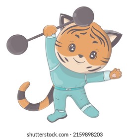 Cute illustration of a tiger with a barbell. Vector illustration of a cute athlete animal. Cute little illustration of tiger for kids, baby book, fairy tales, covers, baby shower invitation, textile