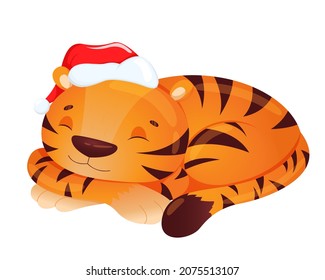 Cute illustration of a tiger cub in a winter santa hat sleeping isolated on a white background. Vector illustration of animal symbol of 2022 in cartoon style.