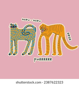 Cute illustration with tiger and leopard. Vector postcard, design, poster, print