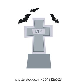 A cute illustration of a tombstone in a shape of a cross with bats flying above it. Perfect for Halloween themed designs, spooky posters, invitations and seasonal decorations