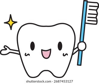 Ilustração bonita de um dente com uma escova de dentes. Ilustração de vetor.