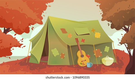 Cute illustration of a tourist tent, guitar, cup and bowler. Autumn. Nature.Vector. Cartoon Design