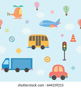 Cute Illustration of transportation decorated with road sign,traffic light and traffic cone design for seamless pattern background.