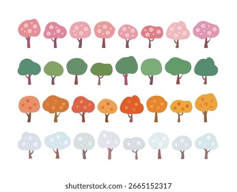 A cute illustration of trees lined up in the four seasons of spring, summer, fall, and winter.