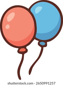 A cute illustration of two balloons, one red and one blue, with strings, outlined in dark brown in a cartoon style on a white background.