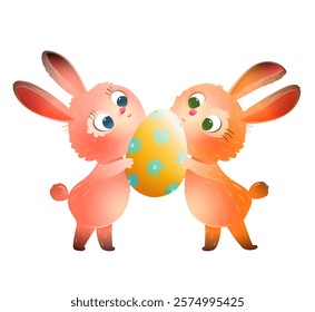 Cute illustration of two cartoon easter bunnies sharing a large decorated easter egg. Colorful rabbits cartoon for easter holiday. Vector character design for children greeting card.