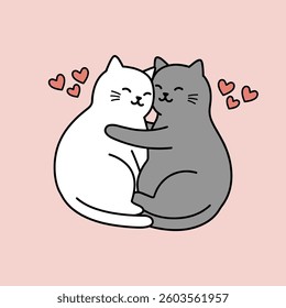 A cute illustration of two cats, one white and one gray, hugging each other in a loving pose