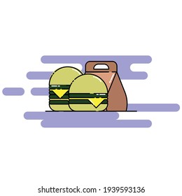 Cute Illustration of two cheese burger and its package. modern simple food vector icon, flat graphic symbol in trendy flat design style.