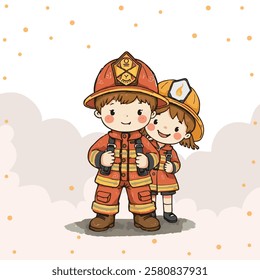 A cute illustration of two children dressed as firefighters, smiling happily. They wear orange uniforms with helmets and stand together. The background has soft smoke and playful dots.