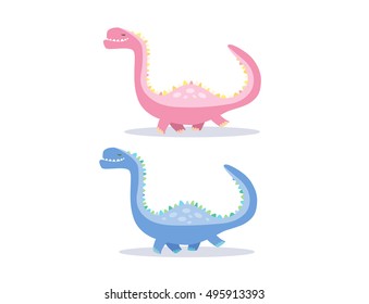 Cute illustration of two dinosaurs, blue and pink, funny characters for children goods and fashion.