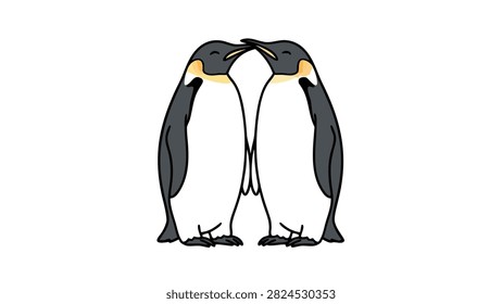 A cute illustration of two emperor penguins standing together and touching their beaks in a loving gesture against a white background.