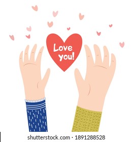 Cute illustration of two hands, between them a big heart. I love you. Postcard to the day of St. Valentine. A tender declaration of love. Valentine's Day