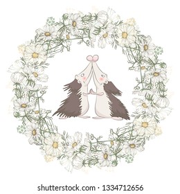 cute illustration with two hedgehogs in love and circle cosmos flowers frame vector isolated