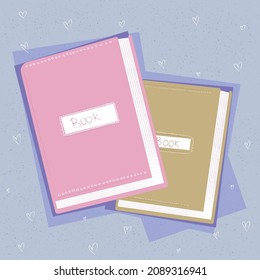 Cute illustration of two pink and green books on a blue background with an inscription. Love of reading. Poster