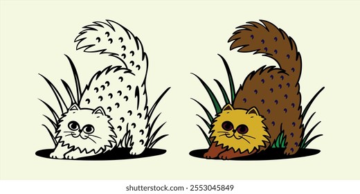 Cute illustration of two playful Persian cats stretching in grass. One is white with black spots, and the other is brown with purple spots, showcasing unique fur patterns.