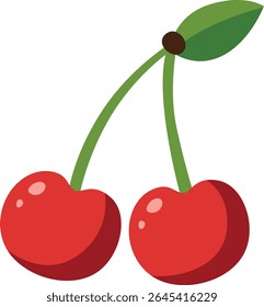 Cute illustration of two red cherries with stems and leaf in cartoon style, suitable for food stickers, sweet treats, or kids’ themes.