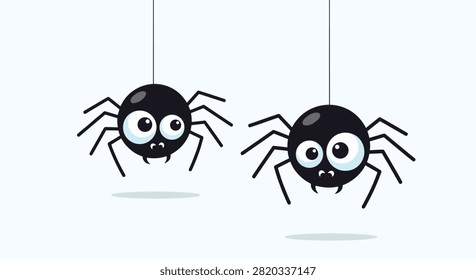 Cute illustration of two round black spiders with big eyes hanging from silk threads against a pale blue background.