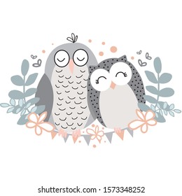 Cute illustration with two sleeping owls. Hand-drawn style, pastel colors. Placement print to "The Owls" collection patterns.