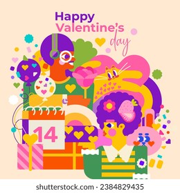 Cute illustration for Valentine's Day. Design with a couple in love surrounded by hearts, a playful cat and a bunny in the background. Suitable for greetings, creating your own valentine and more