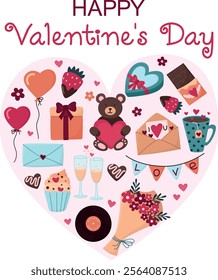 Cute illustration with various cute gifts and trifles for Valentine's Day. Hand drawn romantic concept in the shape of a heart