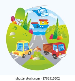 cute illustration of various vehicle, boat, helicopter, truck, car for children book and poster. used for book cover, poster and other