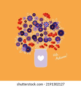 Cute illustration of a vase with a heart with autumn flowers and an inscription. Universal vector composition in pastel colors for web design and printing of postcards, posters, clothes, wallpapers.