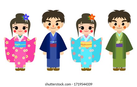 Cute Illustration Vector Of Colorful Cartoon Character Of Japanese Couple (male/boy And Female/girl) Wearing Traditional Kimono Clothing In Japan, Asian Culture, East Asian, Sinosphere.