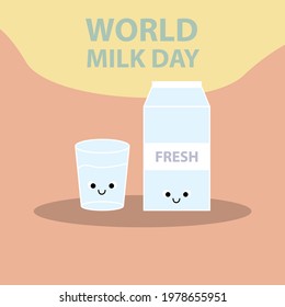 Cute illustration vector design of glass and paper box of fresh milk for world milk day international first june