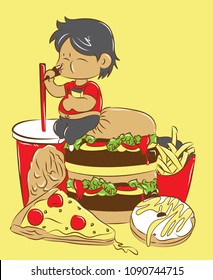 Cute illustration vector of man who eat a lot of burger, soda, doughnut, pizza, french fries, and chicken