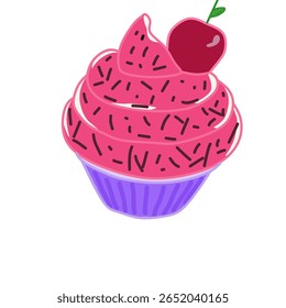 A cute illustration vector of a pink cupcake with sprinkles and a cherry on top. Perfect for food-related designs, desserts, and sweet treats. A colorful and fun design for various projects.