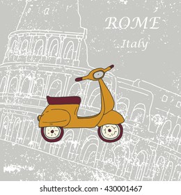 cute illustration of a vespa scooter. Against the background of the Roman Colosseum. Picture Painted by hand