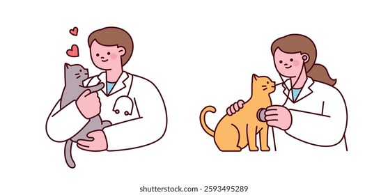  Cute illustration of veterinarians caring for cats, including a check-up and affectionate hugging. Adorable and warm pet healthcare concept.