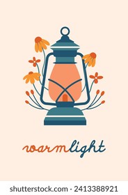 Cute illustration with village lantern, plants, flowers, berries. Summer cottagecore aesthetic. Gas lamp, camping lantern, lightning equipment. Cartoon illustration in flat style. Minimal clip art.