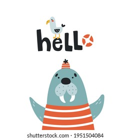 cute illustration of a walrus character and hand drawn hello text, wall art concept for kids