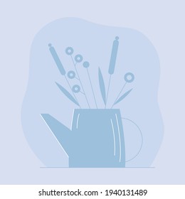 Cute illustration with watering can and flowers. Simple vector in blue tones. Beautiful postcard or poster.