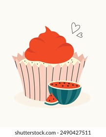 Cute Illustration Watermelon Cupcake at Cream