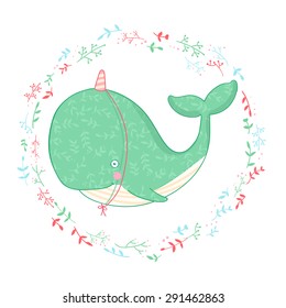 Cute illustration of a whale in the floral pattern and a wreath of plants.