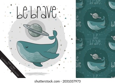 Cute illustration whale with planet on the space: can be used for cards, invitations, baby shower, posters; with white isolated background
