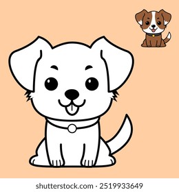 Cute illustration of a white cartoon dog with large ears and a playful expression on a blue background. Smaller orange dog illustration in the corner. Perfect for book coloring kids.