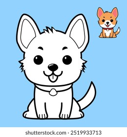 Ilustração bonita de um cão branco de desenho animado com orelhas grandes e uma expressão divertida em um fundo azul. Menor ilustração de cachorro laranja no canto. Perfeito para crianças com coloração de livros.