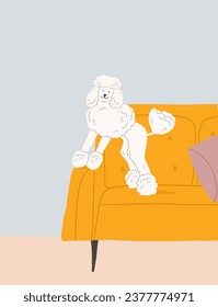 Cute illustration of white dog sitting on the couch. Cute white poodle character. Stylish dog illustration in interior