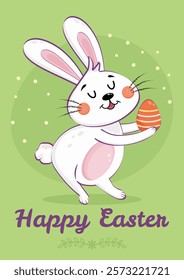 Cute illustration of white Easter bunny holding decorated egg, surrounded by stars on green background with Happy Easter text. For holiday greeting card, poster, banner or social media post.