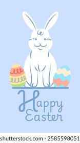 Cute illustration of a white easter bunny sitting between two decorated eggs with happy easter text below, perfect for easter greetings and celebrations